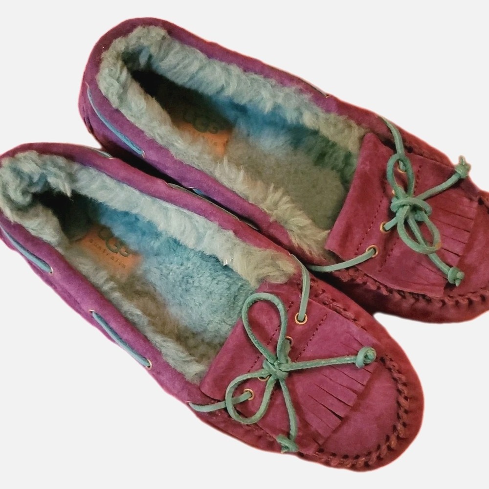 UGG Mandie‎ Purple Reign Suede Moccasin Blue faux fur Loafers Flats Sz 7M